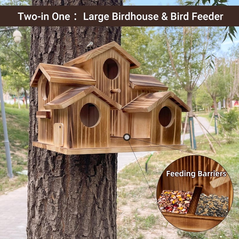 puyikes Bird House for Outside 5 Hole Bird Houses Room for 5 Bird Families Large Bird House for Garden/Courtyard/Backyard for Garden Decor-Finch Bluebird Cardinals Handmade Wooden Hummingbird House - Image 3